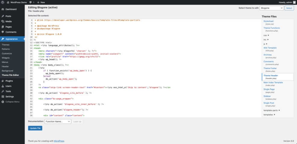 WordPress Theme File Editor displaying header.php file for the Blogone theme, showing where to edit navigation bar related code.