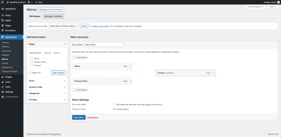 WordPress menu editor interface displaying the "Main Menu" with "About" and "Privacy Policy" as main items, and "Contact" as a sub-item, demonstrating navigation bar customization.