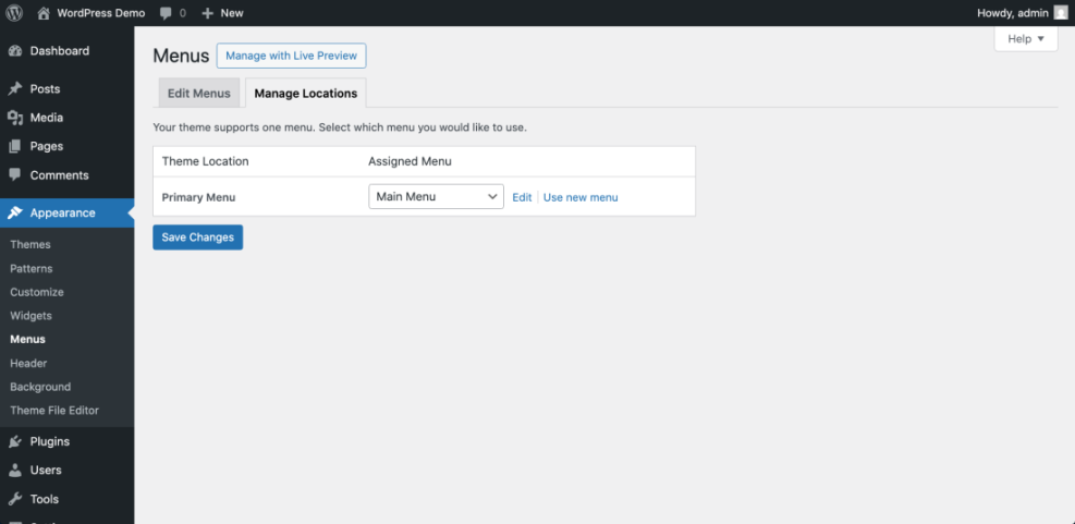 Assigning WordPress navigation bar menus to theme locations, with 'Main Menu' set as the 'Primary Menu'.