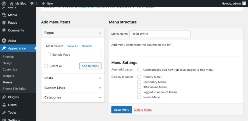 WordPress 'Menus' editor showing 'Hello World' navigation bar setup. Add items and select display locations.