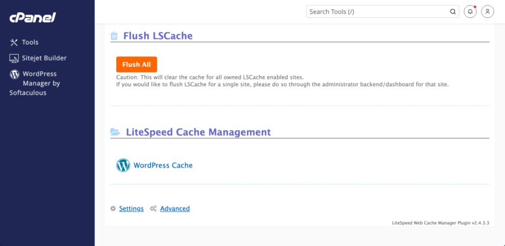cPanel interface for flushing LiteSpeed Cache, displaying the 'Flush All' button to clear WordPress cache across all sites.