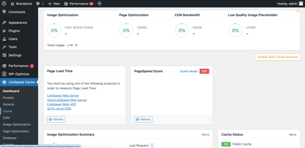 LiteSpeed Cache plugin dashboard in WordPress, displaying optimization metrics, cache status, and options for managing caching services.