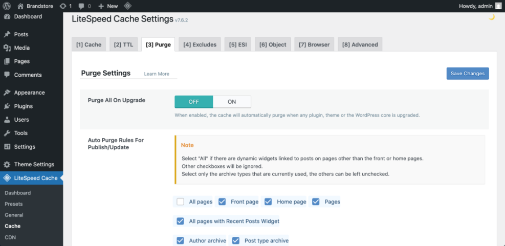 LiteSpeed Cache WordPress plugin purge settings with options for automatic cache clearing on upgrades and rules for content updates.