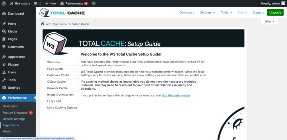WordPress admin dashboard displaying the W3 Total Cache plugin setup guide, showing performance and cache configuration options.