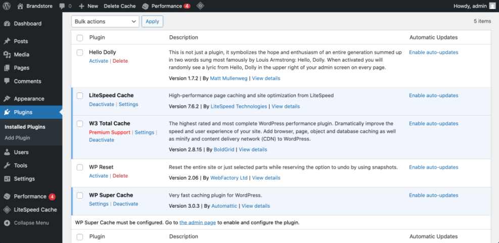 WordPress admin dashboard listing popular caching plugins like LiteSpeed Cache, W3 Total Cache, and WP Super Cache, used to clear cache.