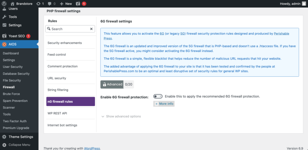 WordPress AIOS plugin 6G firewall settings for enhanced website security, showing the toggle to enable protection rules by Perishable Press.