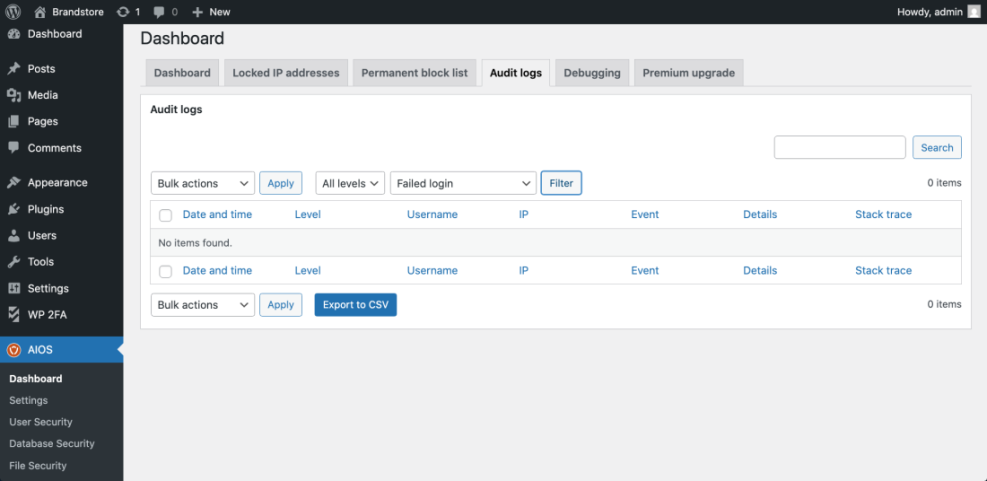 WordPress AIOS plugin audit logs screen showing failed login attempts, crucial for a secure WordPress website, with filter and CSV export options.
