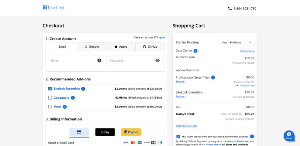 Bluehost WordPress hosting checkout page showing order details, account creation, and recommended add-ons to start a WordPress blog.