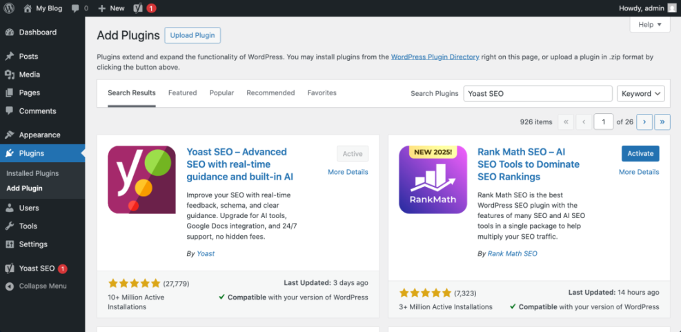 WordPress 'Add Plugins' screen showing search for 'Yoast SEO', with Yoast SEO active and Rank Math available to install, crucial for keyword optimization.