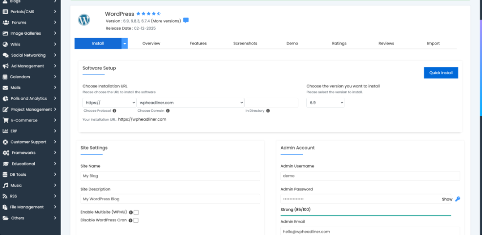 WordPress installation setup screen for a new blog on wpheadliner.com, showing URL, version, site and admin account details.