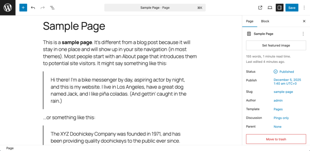 WordPress page editor showing a 'Sample Page' and the 'Page' settings sidebar, important for SEO and adding keywords.