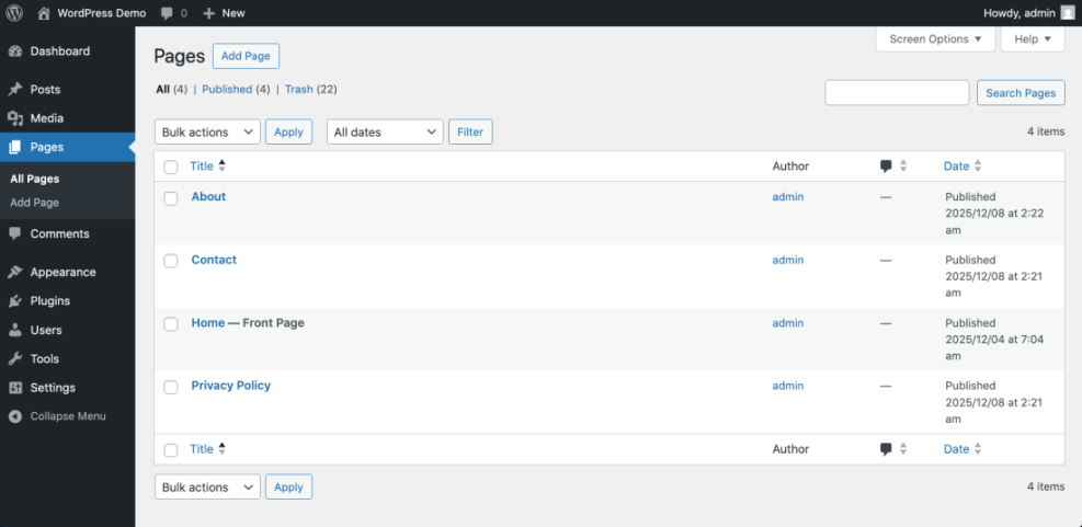 Screenshot of the WordPress admin dashboard showing the Pages list, which is where you manage static pages for your WordPress blog.