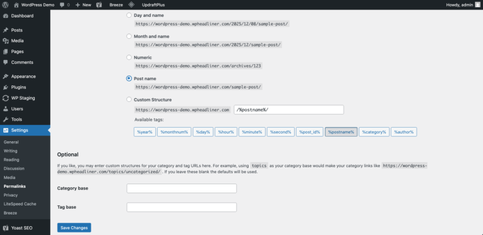WordPress Permalinks settings page showing 'Post name' selected for SEO-friendly URLs on a WordPress blog.