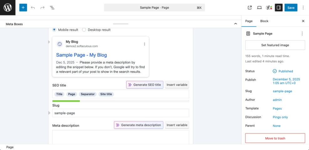 WordPress editor screenshot with SEO plugin showing Google search snippet preview, fields for SEO title and meta description, plus AI tools to add keywords and optimize content.