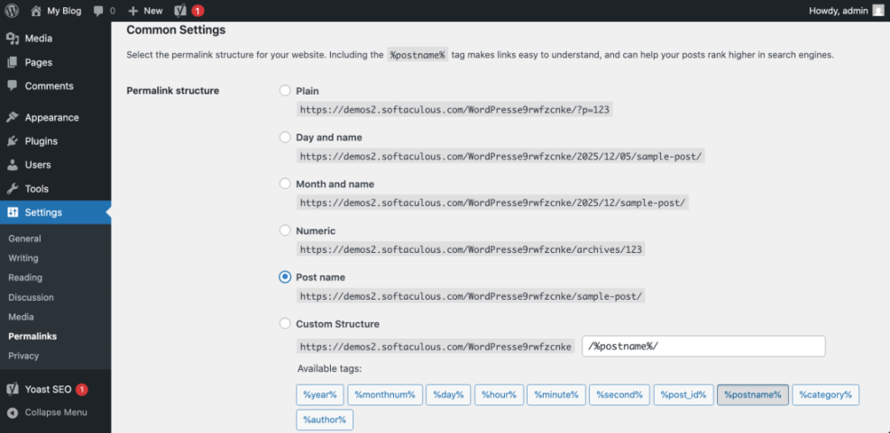 WordPress Permalinks settings page displaying the 'Post name' structure selected for optimal SEO-friendly URLs.