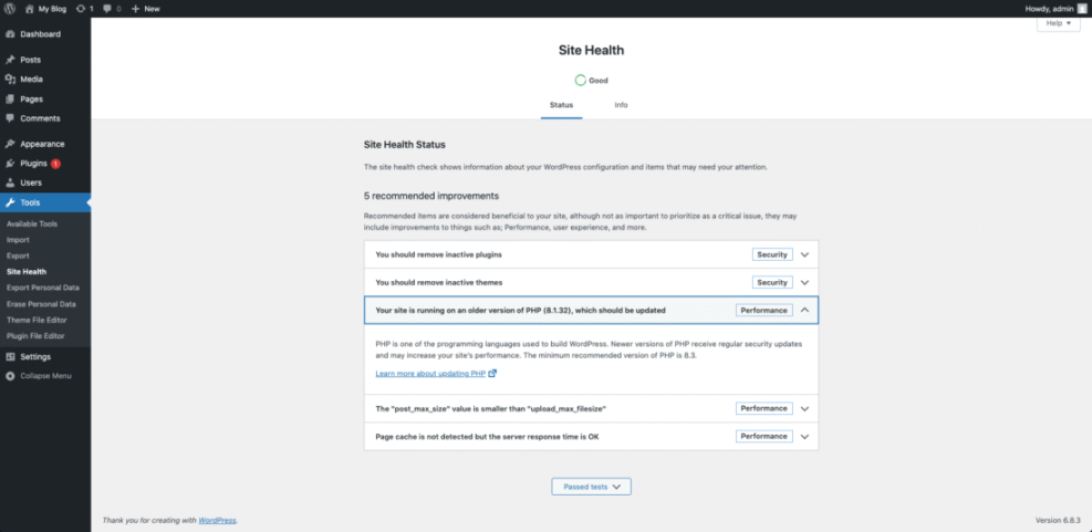 WordPress Site Health recommendations: update PHP from 8.1.32, remove inactive plugins/themes, and optimize performance. These are crucial for site stability and preventing backup errors.