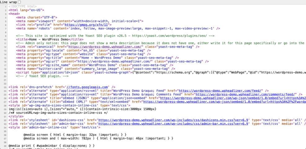 Yoast SEO plugin meta tags displayed in WordPress HTML head section for adding keywords and optimizing content