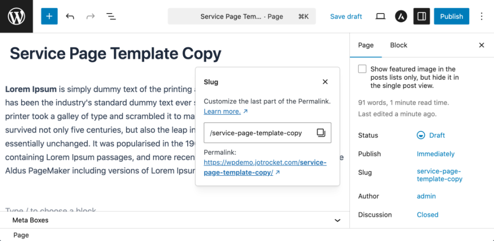 WordPress editor displaying the slug customization popup for a duplicated 'Service Page Template Copy,' showing its permalink and current slug.
