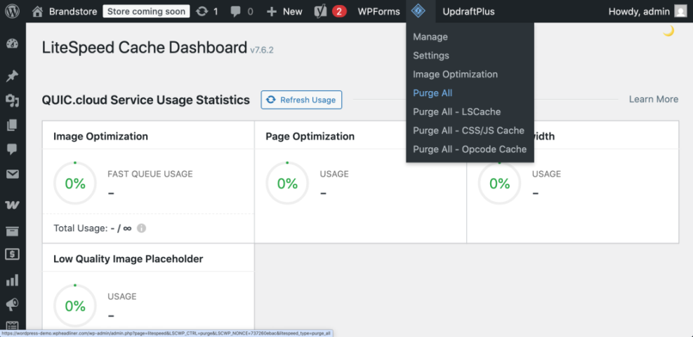WordPress LiteSpeed Cache plugin dropdown menu with 'Purge All' options for LSCache, CSS/JS, and Opcode to optimize site speed.