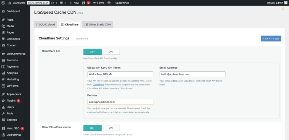 LiteSpeed Cache CDN Cloudflare settings in WordPress, showing API key, email, and domain cdn.wpheadliner.com for CDN configuration.