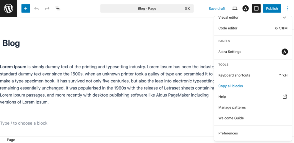 WordPress Block Editor dropdown menu with 'Copy all blocks' option highlighted, showing a method to duplicate content.