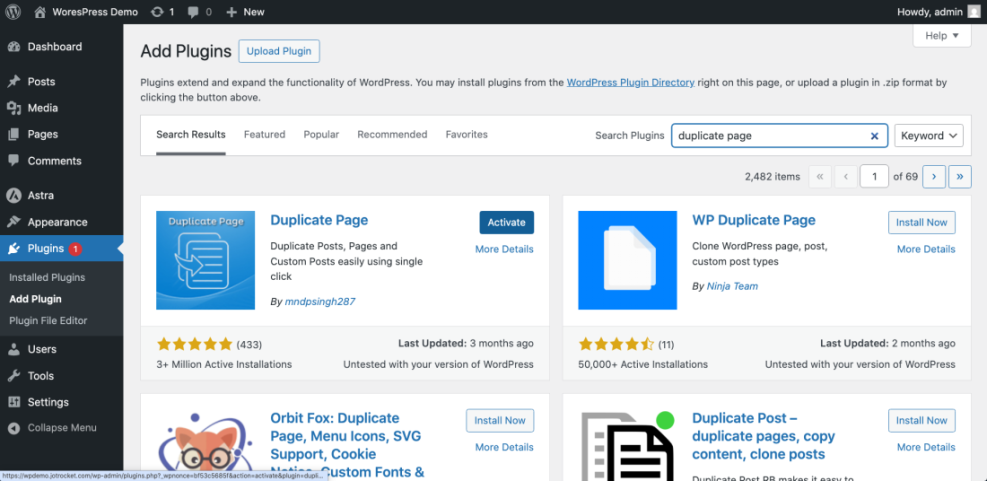 WordPress 'Add Plugins' screen showing search results for 'duplicate page' plugins, with 'Duplicate Page' by mndpsingh287 ready for activation.