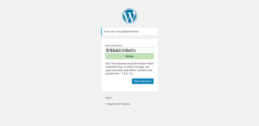 WordPress password reset screen showing a strong, complex new password being set, with hints for creating a secure login.