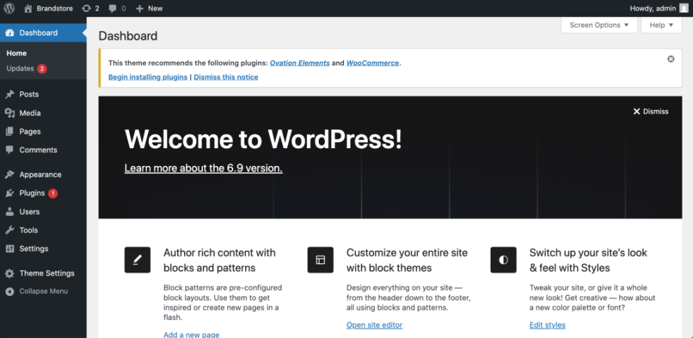 WordPress welcome dashboard screen, showing the admin area with navigation and theme plugin recommendations after a successful login.