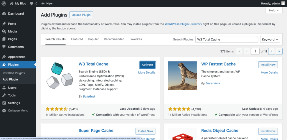 WordPress Add Plugins screen displaying W3 Total Cache search results, a key plugin for CDN and website performance optimization.