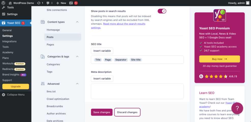 Yoast SEO settings in WordPress showing how to add and configure the meta description for posts, including options for SEO title variables.