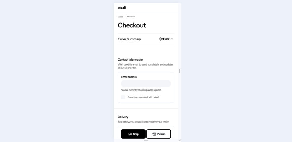 Mobile e-commerce checkout form on a WordPress site, displaying order summary, contact information, and delivery options like ship or pickup.