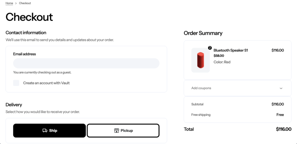 Modern ecommerce checkout page example showing contact information, delivery options (ship/pickup), and a detailed order summary.