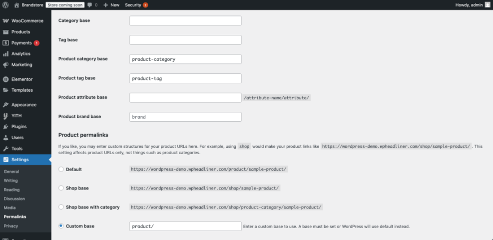 WooCommerce product permalinks settings in WordPress, showing URL structure options for products, categories, tags, attributes, and brands.