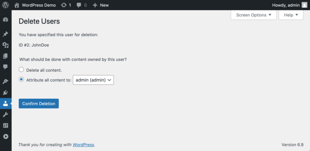 WordPress delete user account screen showing options to either delete JohnDoe's content or attribute it to the 'admin' user.