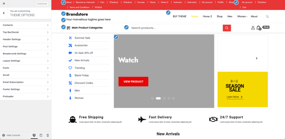 WordPress customizer interface for an ecommerce website, displaying theme options and a live preview of the online store.