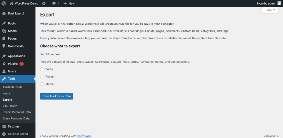 WordPress export screen showing options to export all content, posts, pages, or media, essential for backing up data before deleting an account.