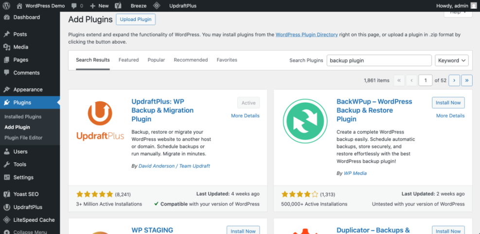 WordPress Add Plugins screen displaying search results for 'backup plugin' with UpdraftPlus active and BackWPup as options to install.