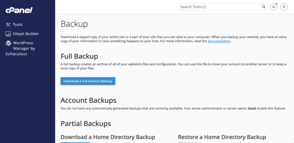cPanel interface showing WordPress website backup options, including full account backup and partial home directory backups for data recovery.