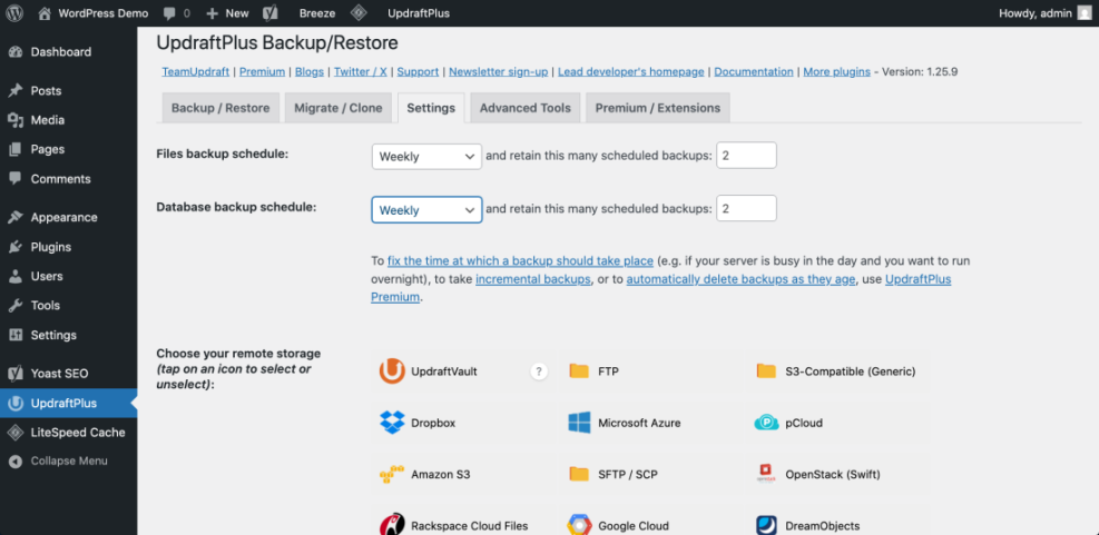 UpdraftPlus WordPress backup settings showing weekly file and database backup schedules, retention, and options for remote storage like Dropbox, Amazon S3, and Google Cloud.