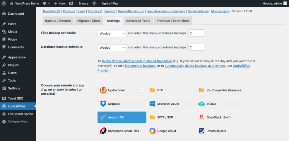 UpdraftPlus WordPress backup plugin settings page showing weekly file and database backup schedules, with Amazon S3 selected as the remote storage.