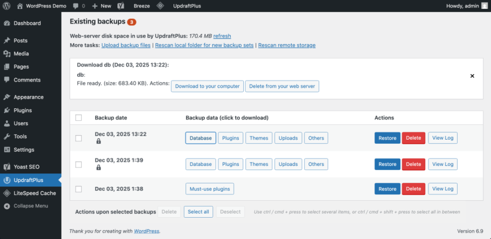 UpdraftPlus plugin showing existing WordPress website backups with options to download database, plugins, themes, uploads, and restore.