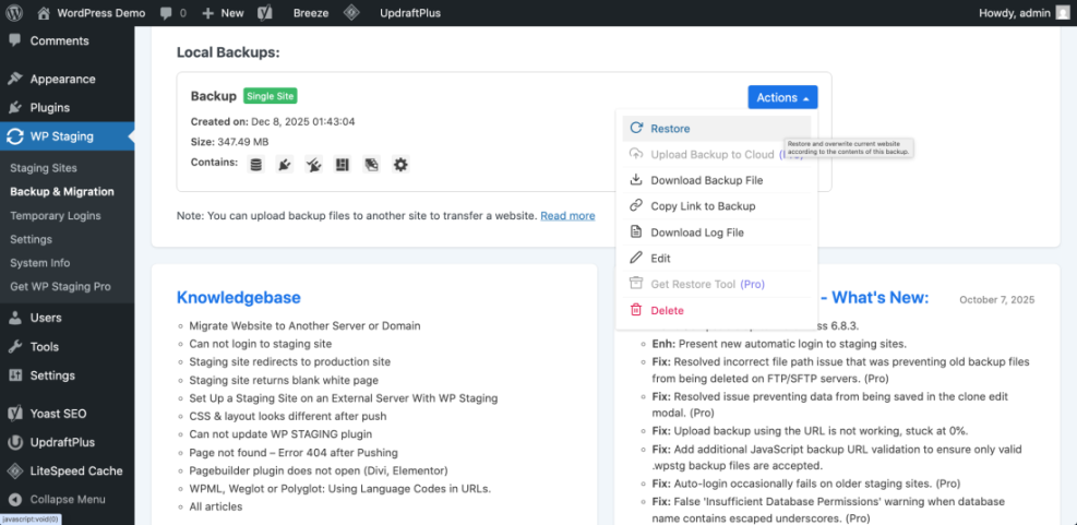 WP Staging plugin interface displaying a local WordPress website backup and the 'Actions' menu open for restore, download, and other management options.