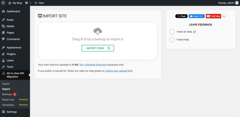 All-in-One WP Migration plugin import screen with drag & drop, 'Import From' button, and 8MB upload limit for migrating WordPress.