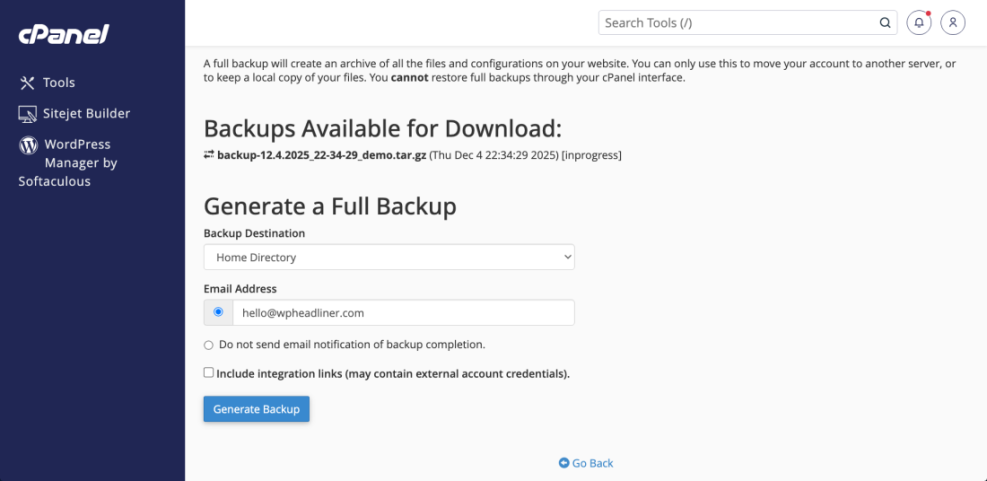 cPanel full backup interface showing options to generate a full website backup, crucial for WordPress migration and safekeeping.