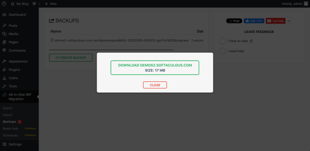 WordPress admin dashboard showing All-in-One WP Migration backup download option for migrating WordPress site.