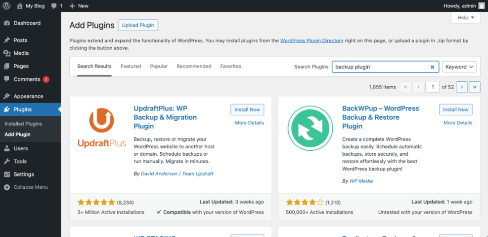 WordPress 'Add Plugins' screen showing UpdraftPlus: WP Backup & Migration Plugin in search results for easily migrating a site.