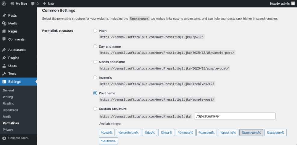 WordPress permalink settings page showing 'Post name' selected for SEO-friendly URLs like /sample-post/ and custom structure options.