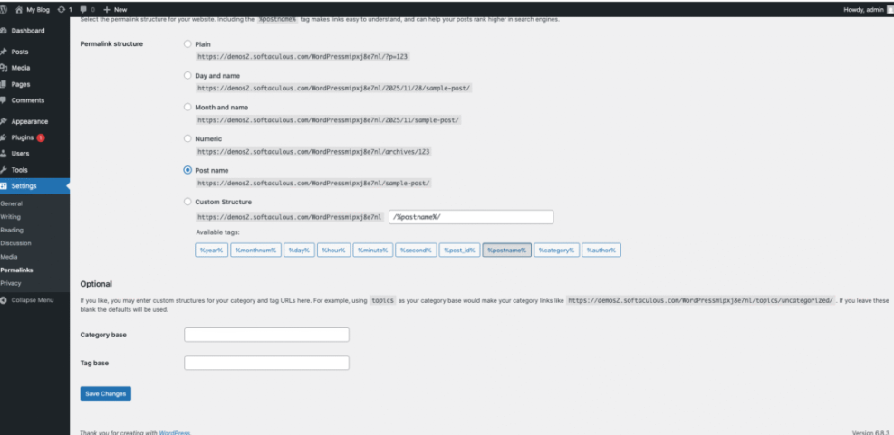 WordPress Permalinks settings page with 'Post name' structure selected, showing options for SEO-friendly URLs.