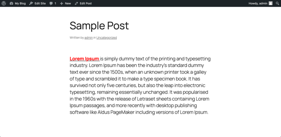 Screenshot of a WordPress sample post featuring 'Lorem Ipsum' dummy text and the top admin bar. Ideal for demonstrating content setup.