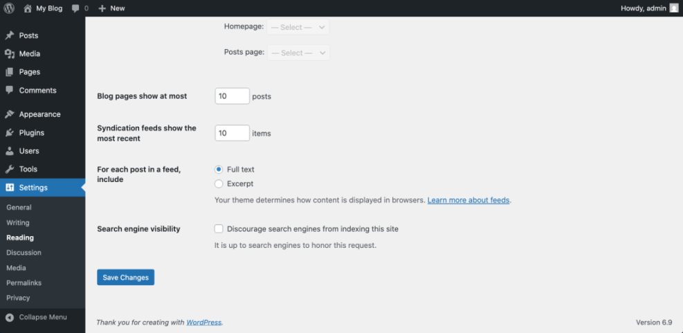 WordPress Reading Settings screen displaying crucial SEO options, including the unchecked 'Discourage search engines from indexing this site' checkbox.